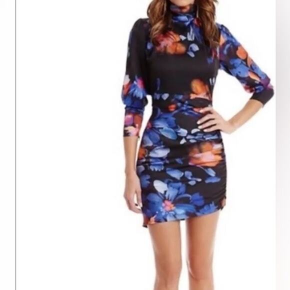 Marciano long sleeve bodycon zipper multicolor print mini ruched dress 2 - Picture 2 of 5